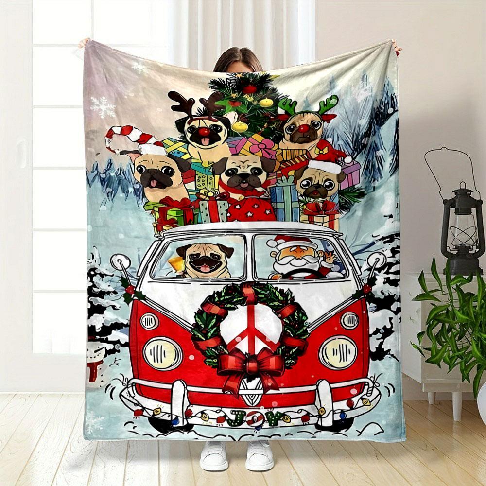 Christmas Pug Bus Print Blanket bedroom Blanket for Livingroom Couch lunch break Soft throw for Friend's festival Gift