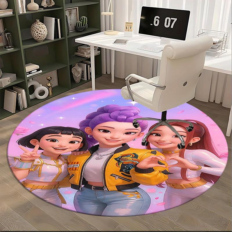 1pc Anime Design Round Carpet - Office Chair Mat with Heart-Shaped Hand Gesture and Floral Print, Suitable for Home Decor, Gaming Room, Seasonal Gift,