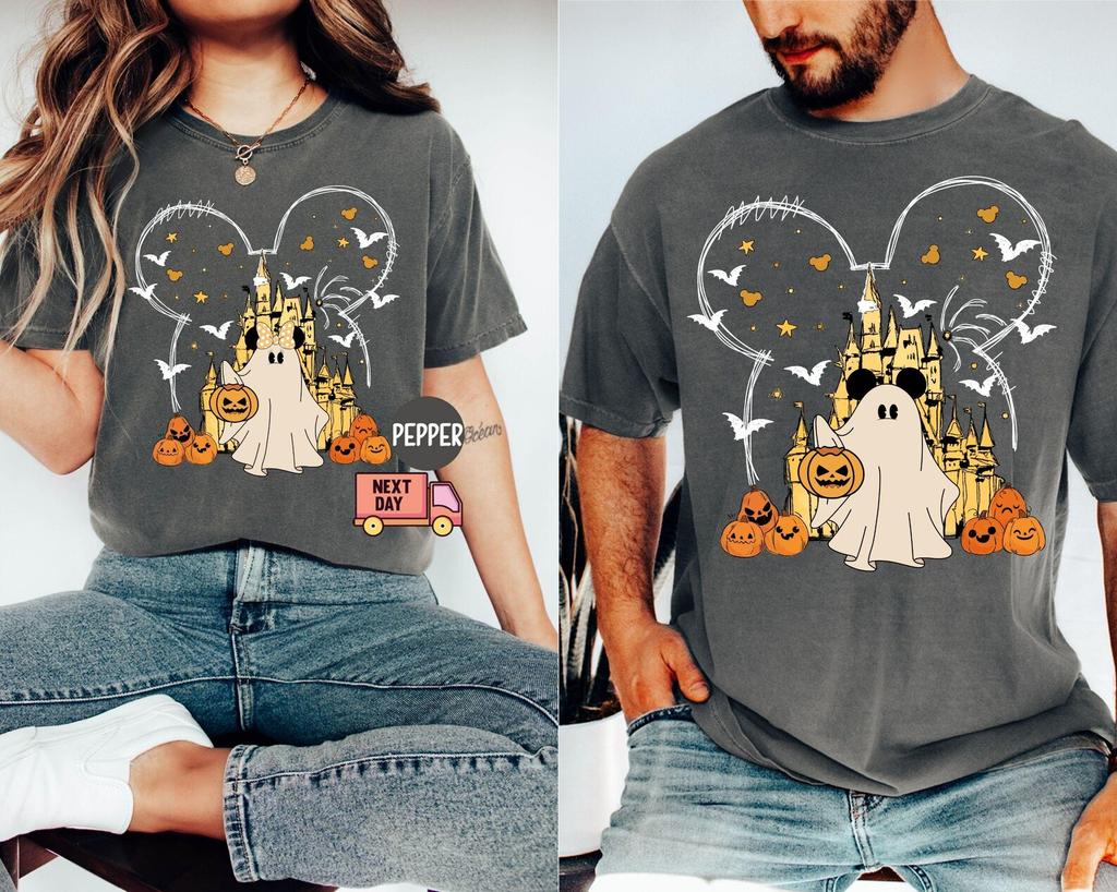 Comfort Colors® Mickey and Minnie Halloween Shirt, Disney Couple Halloween Tee, Disney Magical Castle Halloween Shirt, Halloween Pumpkin Tee