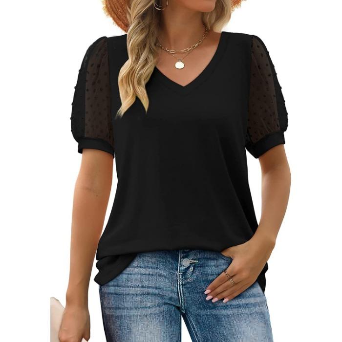 Summer Women's T-shirt Solid Color V-neck Simple Temperament Elegant Mesh Bubble Sleeve