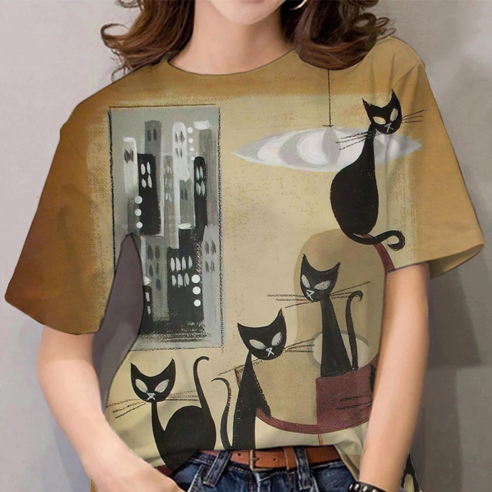 Женская футболка с героями мультфильмов, повседневная одежда с короткими рукавами, топы с кошачьим узором и 3d принтом, футболки, летний пуловер большого размера с круглым вырезом