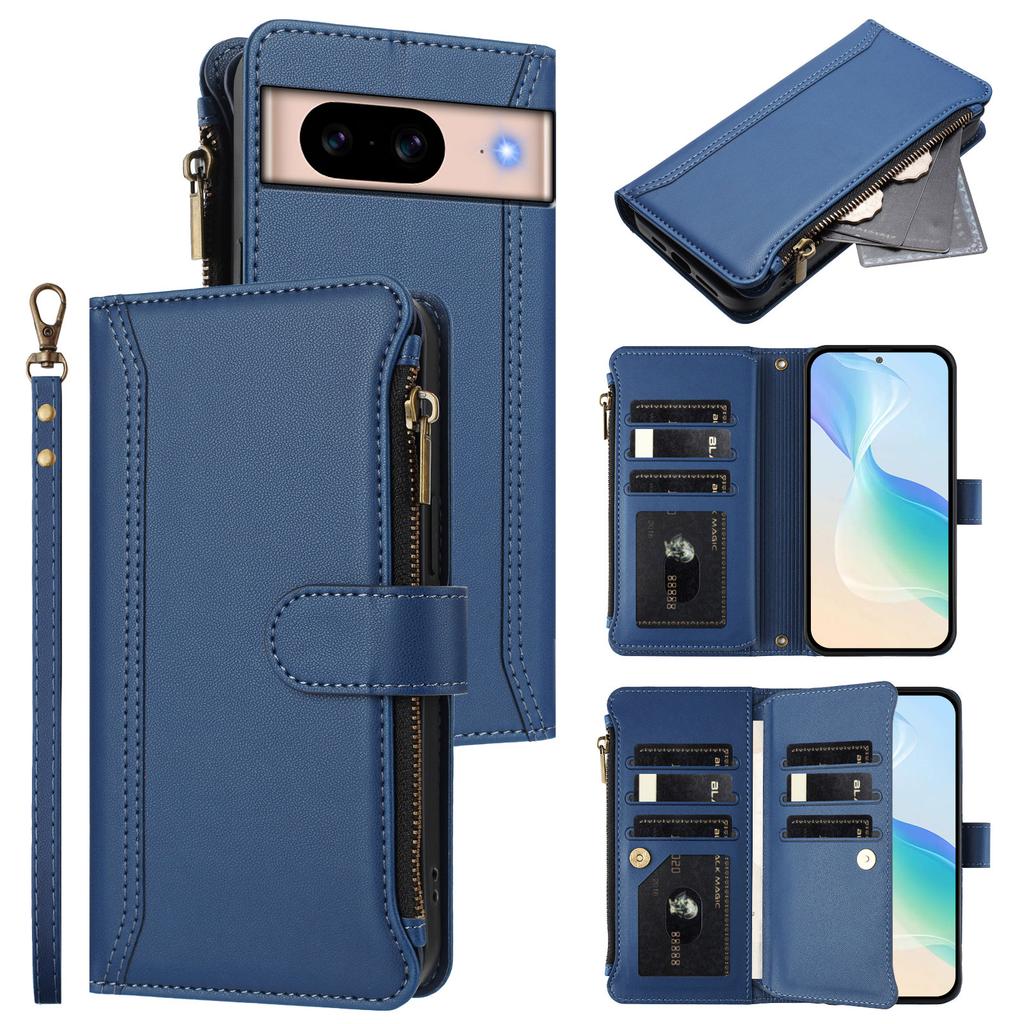 For Google Pixel 8a Leather Case 9 Card Slots Zipper Wallet Stand Phone Cover with Wrist Strap