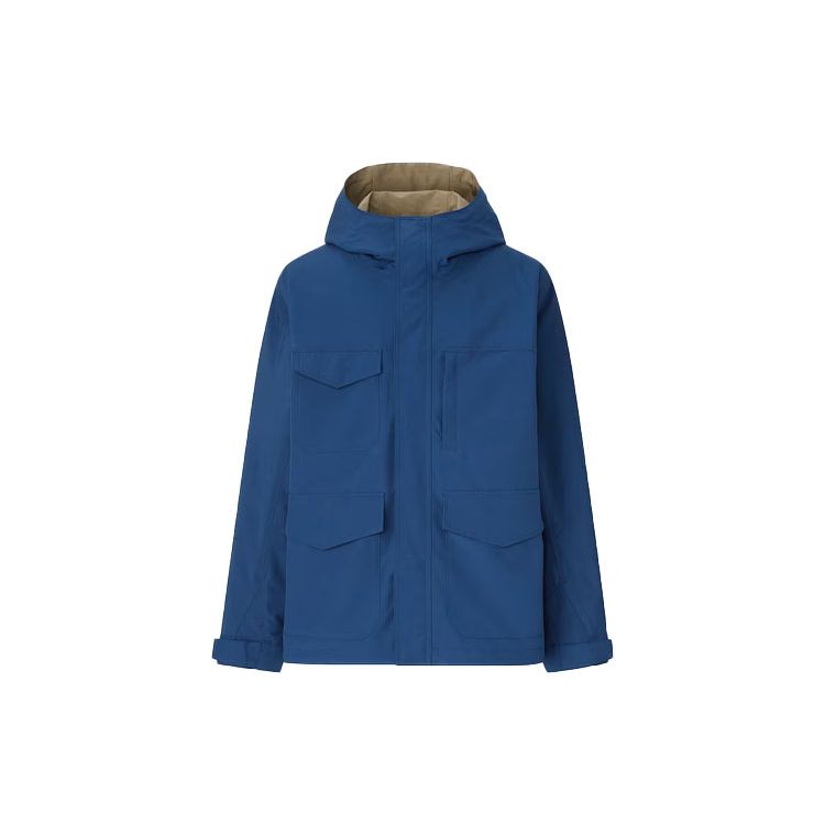 Uniqlo Однотонная куртка с капюшоном на молнии, много карманов, длинный рукав, водонепроницаемая, ветрозащитная, дышащая, унисекс, темно-синяя 444553-69