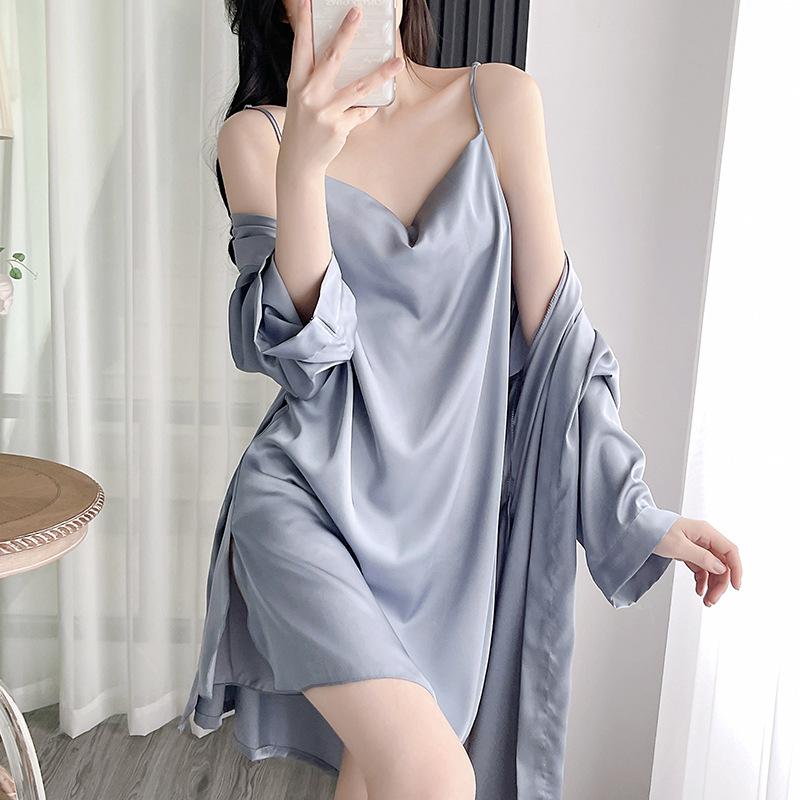 Пижама женская весна и осень тонкий отрезок ледяного шелка халат с длинными рукавами сексуальный V-образный вырез ночная рубашка комплект
