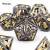 7 шт., черные, золотые, металлические кубики с башней, набор полых металлических многогранных кубиков, подходящий для ролевой игры, настольной игры, карточной игры