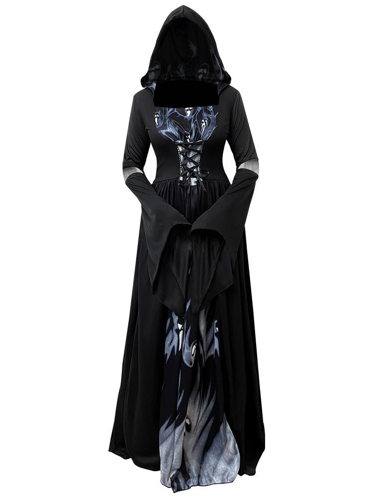 Halloween Witch Dress for Women Hooded Skeleton Witch Cosplay Costume Stage Performance Robe