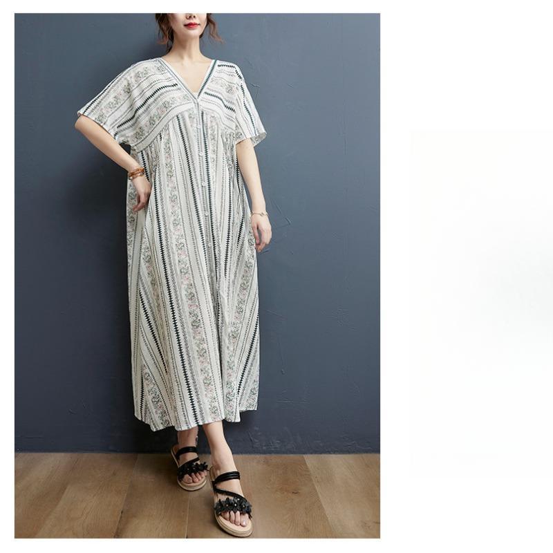 Летняя юбка длиной до колена с принтом для женщин больших размеров, литературное свободное платье с V-образным вырезом