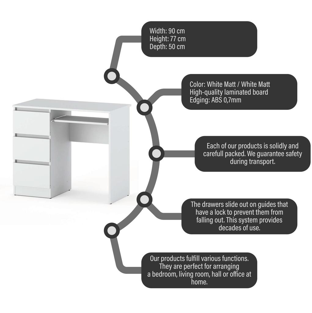 White Computer Desk 3 Drawers 90 CM School Gaming Furniture