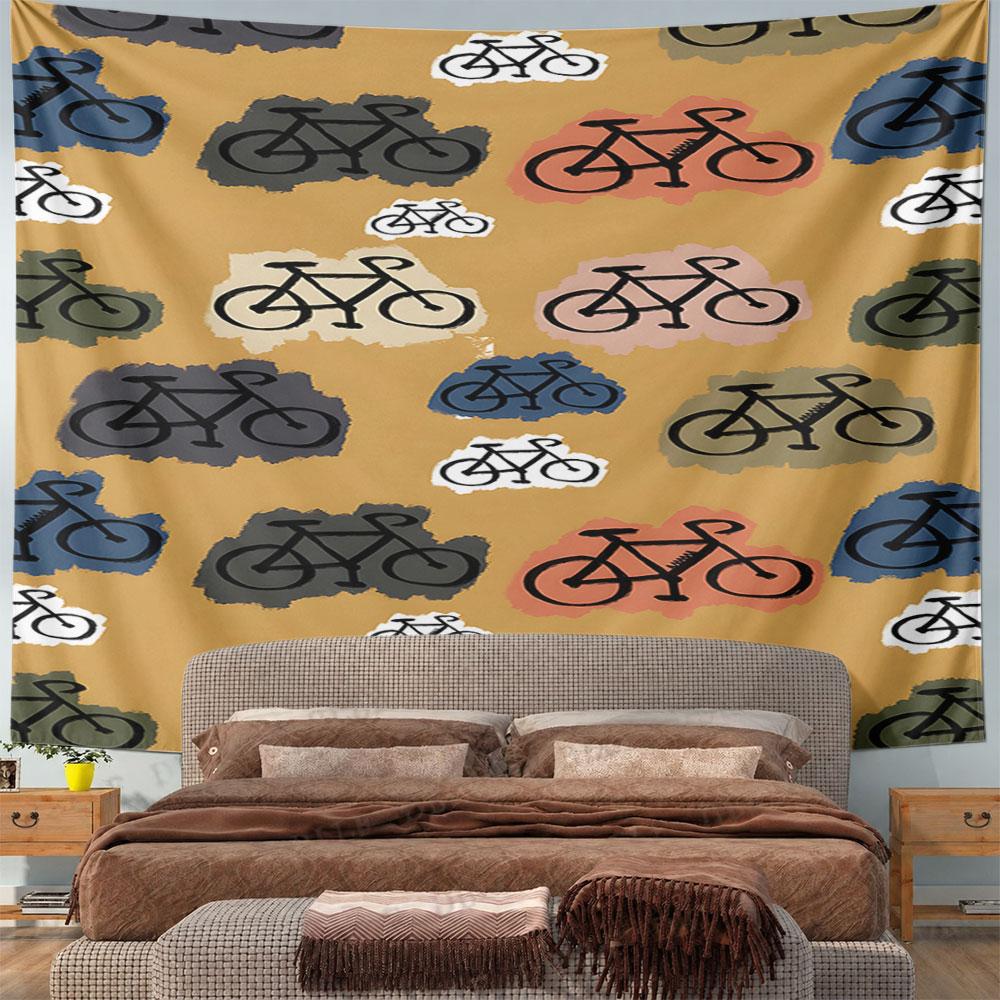 Colorful Bicycle Pattern on Yellow Background Pattern Wall Hanging Tapestry Decorative Tapestry Home Decor for Bedroom and Living Room