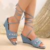 2024 Синие джинсовые женские сандалии Однотонные удобные сандалии на танкетке с толстой подошвой Летняя мода Ремешок на щиколотке Женская обувь