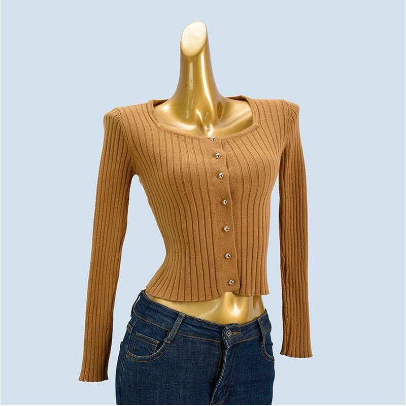 Sweet Solid Color Knitwear Female Spring Autumn Short Silm Slim Looking Square Collar Long Sleeve All-Matching Base Cardigan Top