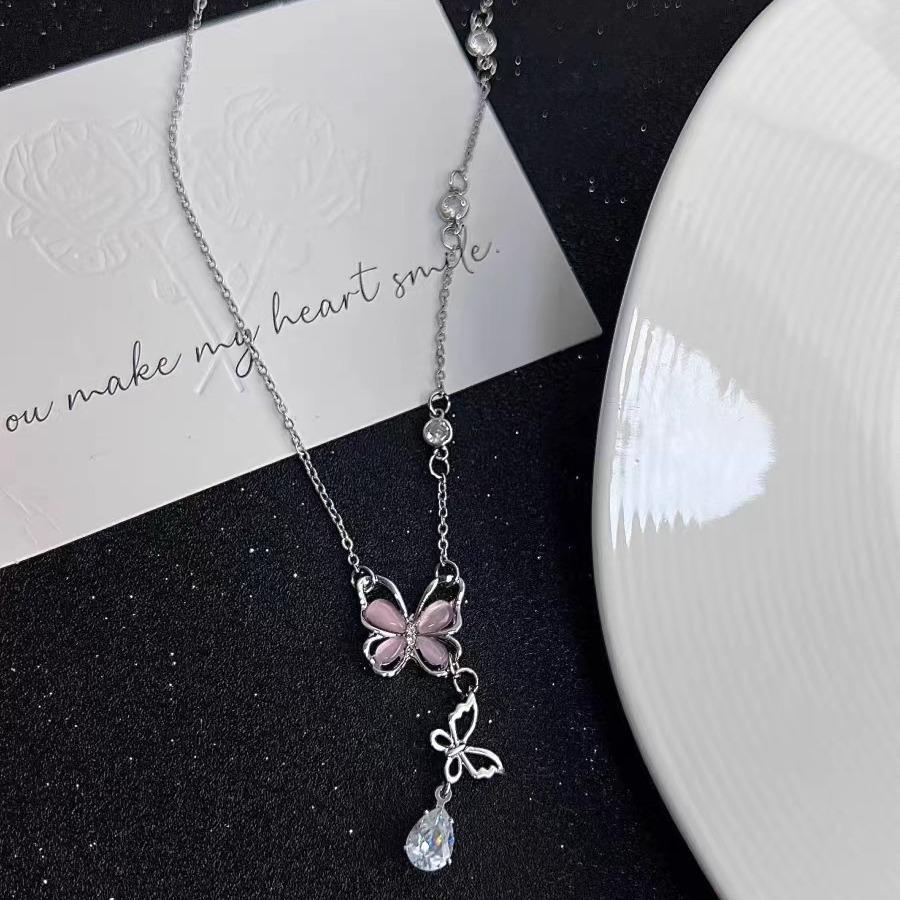 Pink butterfly water drop diamond necklace light luxury niche women's high-end design sense new collarbone chain accessories women's