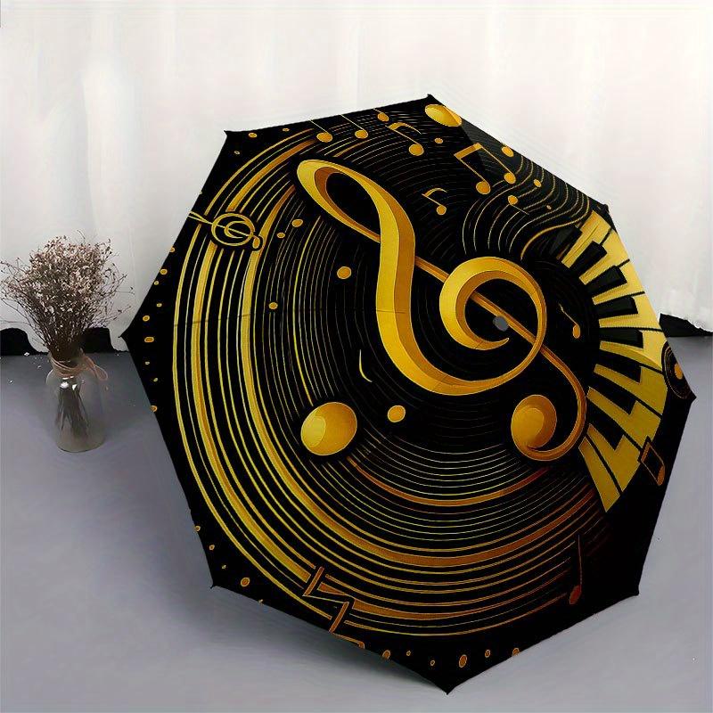 Golden Music Notes Vinyl Record Art Print Umbrella, Cute Umbrella with Cute Design, Portable 3-Fold Compact Umbrella for Men & Women, Valentine's Day