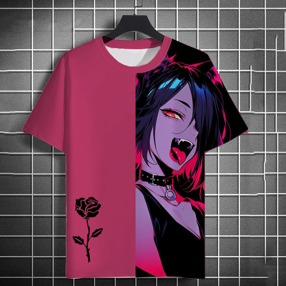 Летние аниме-футболки с принтом роз для девочек в стиле 3D, уличная одежда для мужчин, модные футболки большого размера с коротким рукавом и круглым вырезом, футболки, топы, одежда