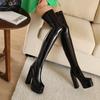 Over Knee Boots Women's High Heel British Wind Waterproof Platform Skinny Tall Long Thighs Boots Coarse Heel Elastic Boots Leather Boots
