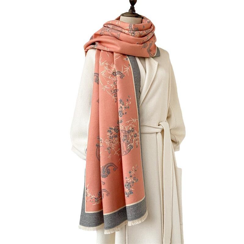 2024 Autumn/Winter New Color Blocked Imitation Cashmere Women'S Tassel Shawl Thickened Warm Double Sided Jacquard Wool Scarf