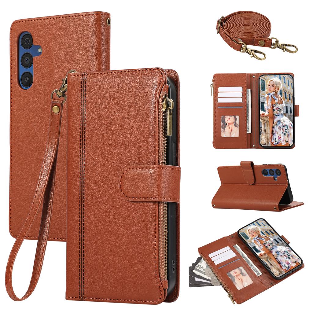 For Samsung Galaxy A16 4G/5G/A26 5G Case Multi Card Slots Zipper Leather Phone Cover with Shoulder Strap/Wrist Strap