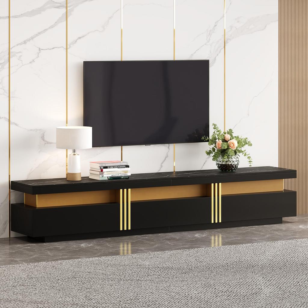 TV Cabinet TV Board Three Drawers, TV Stand for TVs Up To 90 Inches, TV Table Living Room, Dining Room, Bedroom, Ink. 200cm, Black