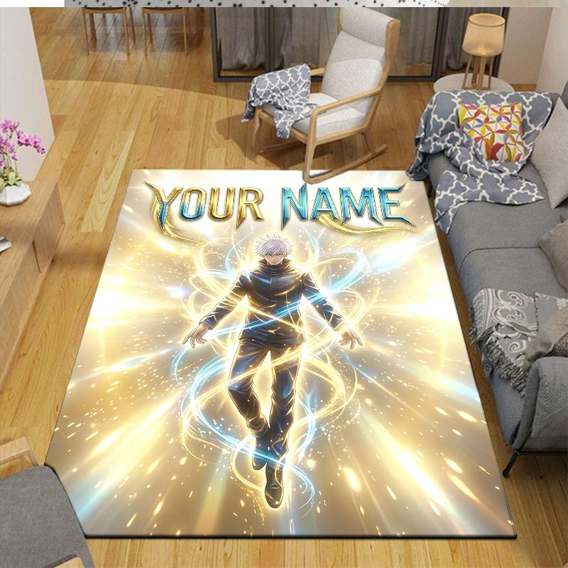 Custom Name,Satoru Gojo Home Sofa Decoration for Living Room & Bedroom, Non‑Slip Play Flannel Floor Mat for Game Room