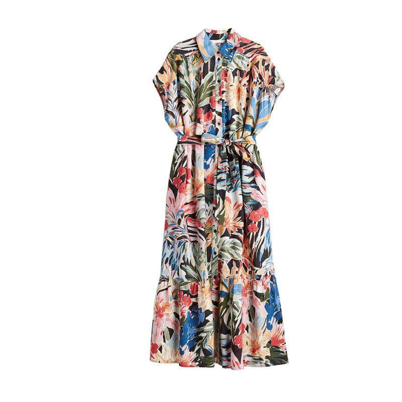 Spring and Summer Women's Clothing Cover Sleeve Design Cotton Blend Lapel Print Shoelace Shirt Style Dress 1241455