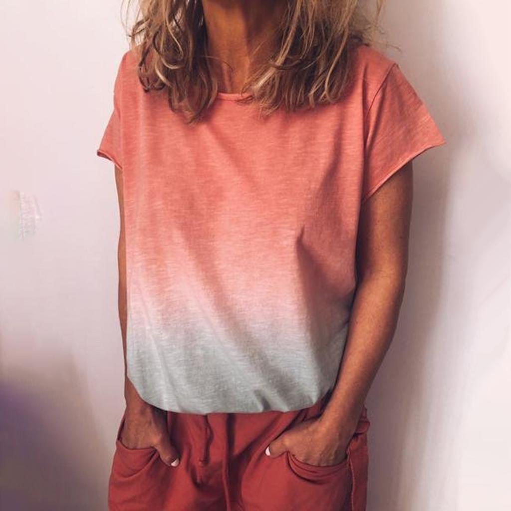 Women's Fashion Casual Short Sleeve Gradient Print Round Neck Top