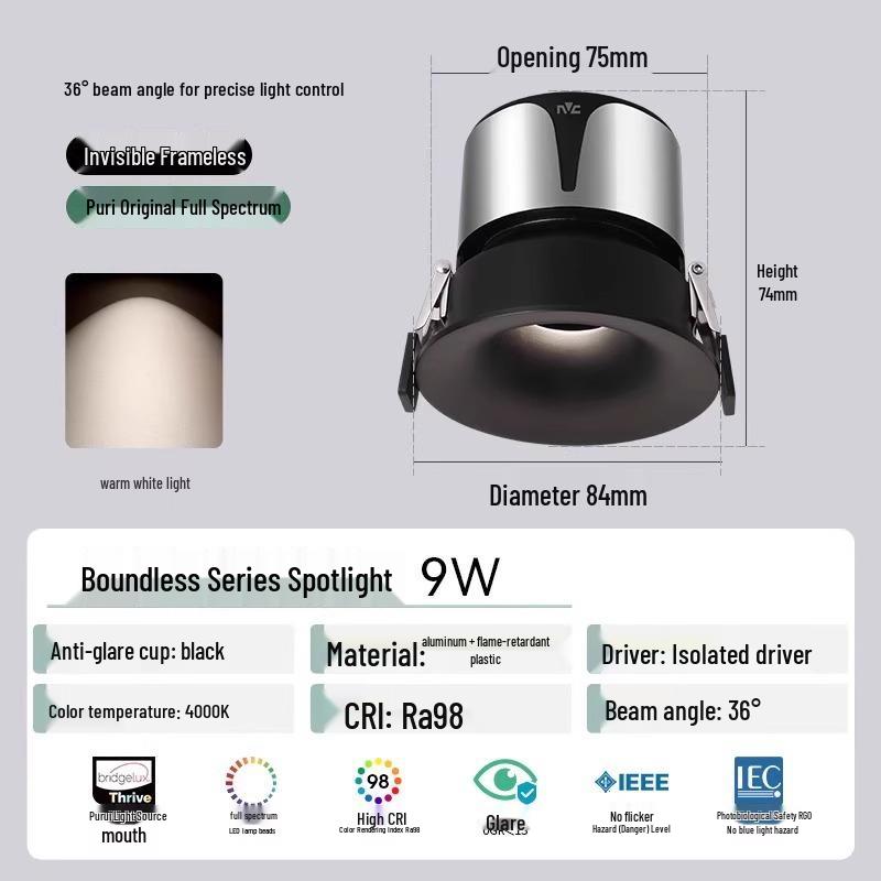 Безрамочный светодиодный спот NVC Lighting - Антибликовый, Полный спектр, Настенный омыватель, Встраиваемый для гостиной