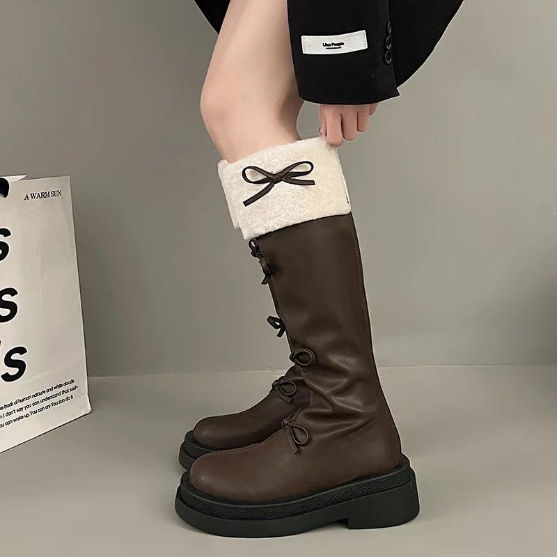Fashion Sweet Butterfly Knot Woman's Boots 2025 New Korean Style Fashion Brown High Boots Plush Thickened Winter Ladies Knee-High Boots