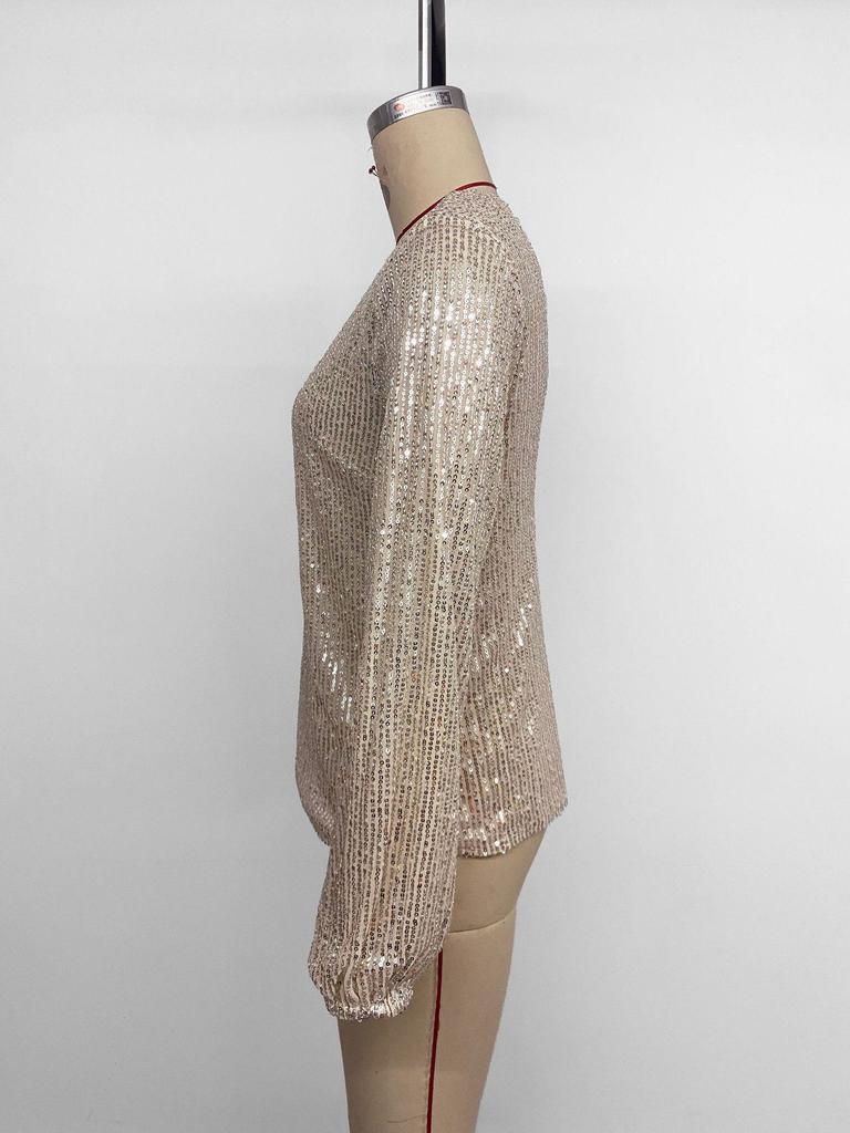 Европейский стиль 2025: Женская элегантная блестящая рубашка для вечеринки с круглым вырезом и открытой спиной