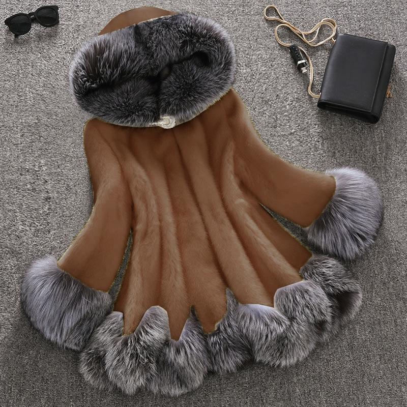 Autumn and Winter Fur Coat Coat Women's Mid-length Mink Fur Fox Fur Collar Imitation Fur Ladies Coat