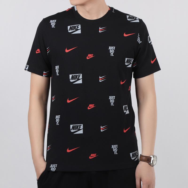 Nike Повседневная спортивная футболка с коротким рукавом и принтом логотипа по всей поверхности, мужские топы, черный CV8963-010