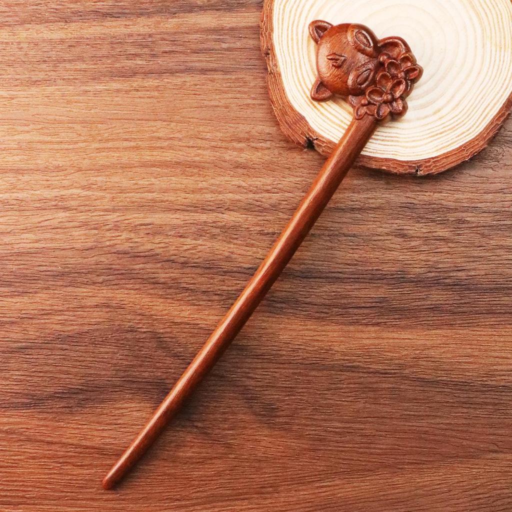 Sandalwood Hairpin with Animal Design - Handmade, Portable Wooden Curly Hair Hairpin
