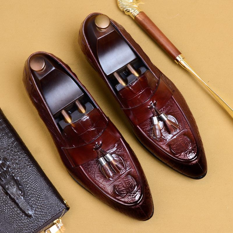 British Pointed Leather Shoes Men'S Genuine Leather Crocodile Fringed Business Casual Men'S Office Shoes For Men