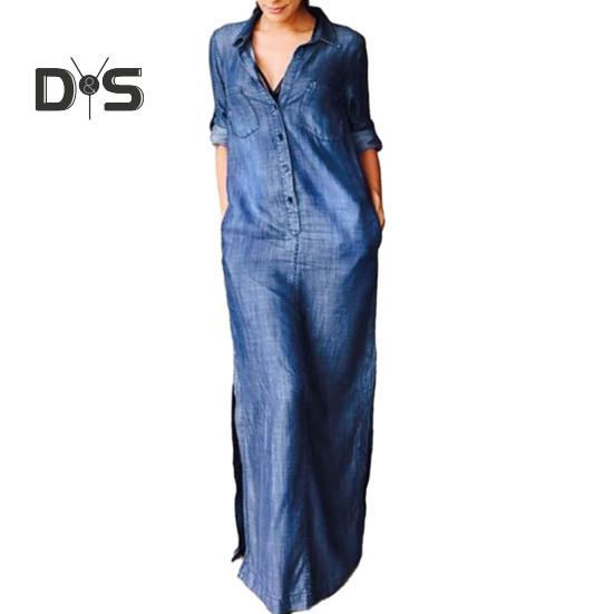 Осень Весна Женское Платье Однотонное Свободное Джинсовое С Отворотным Воротником С Длинным Рукавом Длины до Лодыжки На Пуговицах Разрезной Подол Большого Размера Бохо Повседневное Макси Платье