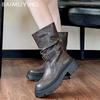 Платформа Женские Массивные Ботильоны Мода Средний Каблук Кожаная Обувь Новый Бренд 2025 Тренд Зима Готика Мотоциклетные Боты Женские