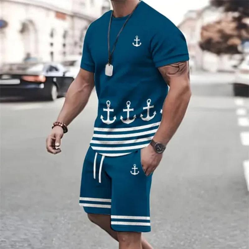 Летний мужской комплект с коротким рукавом в морском стиле с принтом якоря, комплект с короткими рукавами и шортами, мужская футболка с круглым вырезом