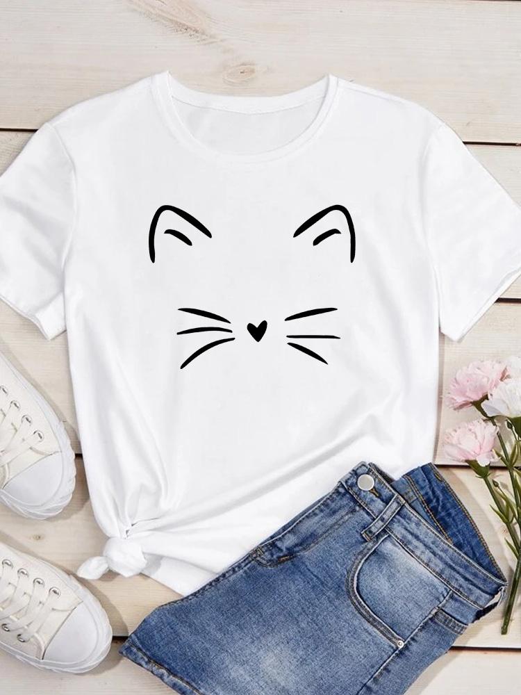 O Neck Tshirt Comfortable Cute Love Heart Cat Print Casual Short Sleeve Top Summer Women's Clothing Cartoon Streetwear