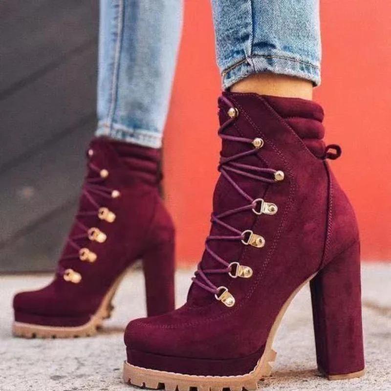 Women Platform Rivet Ankle Boots Female Retro High Heels Autumn Fashion Sexy Lace-Up Pumps Ladies Shoes Plus Size 35-43