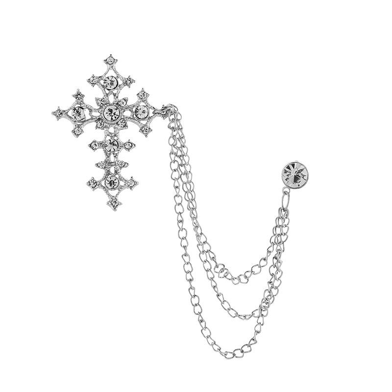 1PCS Cross Brooch Vintage Fashion Men High-end Tassel Chain Shirt Collar Lapel Pin Zircon Brooches Clothing Accessories Jewelry Gifts