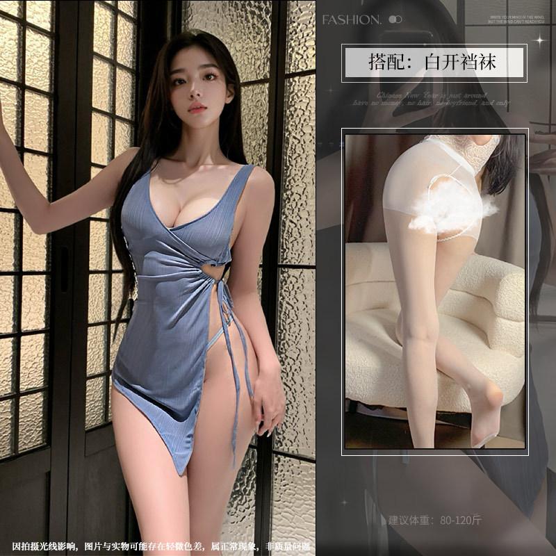 Sex underwear deep V French sexy, waist pumping pleated high split hip wrap thin lace-up strap pure desire suspender skirt