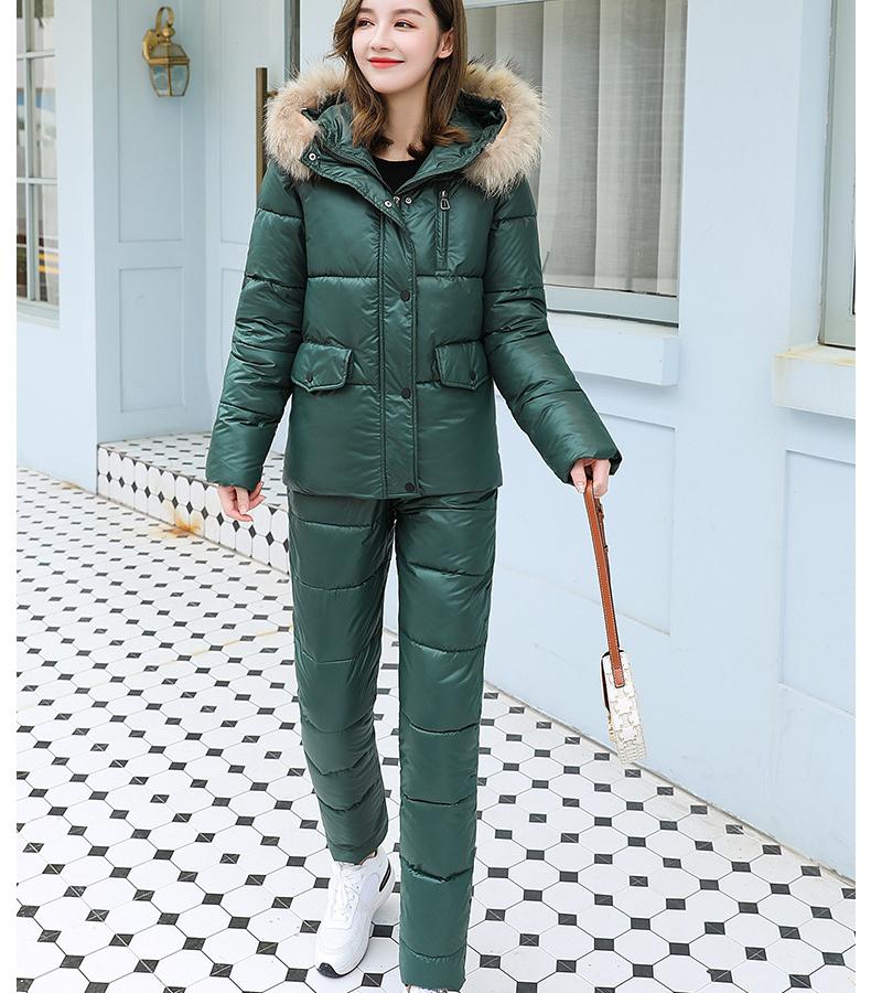 Женское зимнее короткое глянцевое ветрозащитное водонепроницаемое пальто с капюшоном, костюм из двух предметов, куртка-пуховик, парки с хлопковой подкладкой, теплая верхняя одежда