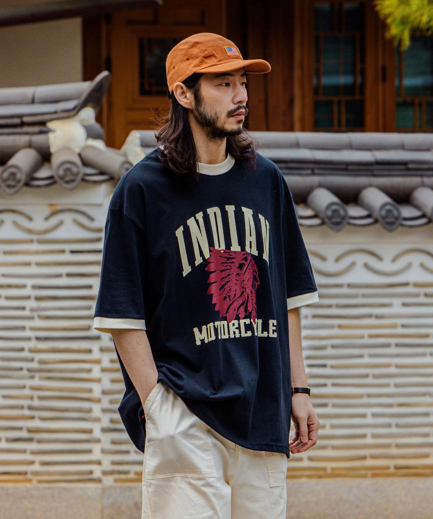 Rugged House Indian Motorcycle Color Block Short Sleeve T-Shirt Navy