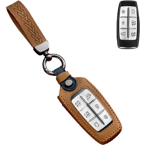 SANRILY FLL Production Leather Key Fob Cover for Genesis GV80 2021 2022 G80 GV70 G90 G70 Keyless 4/6/8 Button Key Case Shell with Keychain Brown