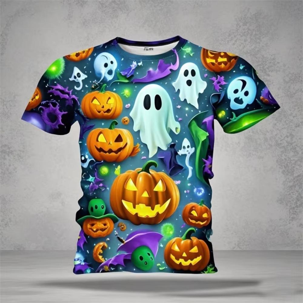Boys' clothing, funny and terrifying pumpkin pattern T-shirt, boys' and girls' Halloween short sleeved shirt, children's Halloween gift party T-shirt
