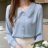Модная белая синяя блузка с длинным рукавом, женские топы J213
