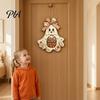 Autumn Porch Hanging Ornament Cute Bow Ghost Sign, Rustic Retro Floral Door Sign with Pumpkin Outdoor Fall Entryway Basket, Vintage Halloween