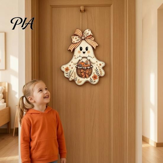 Autumn Porch Hanging Ornament Cute Bow Ghost Sign, Rustic Retro Floral Door Sign with Pumpkin Outdoor Fall Entryway Basket, Vintage Halloween