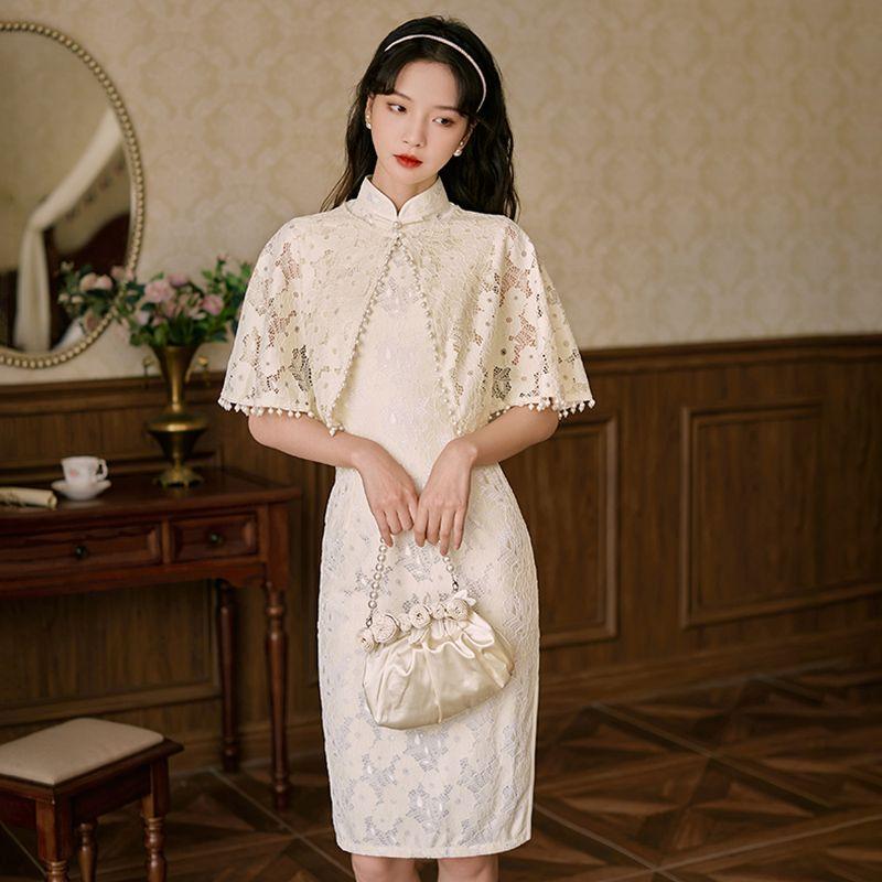 Улучшенное повседневное кружевное платье Cheongsam из двух частей в китайском стиле