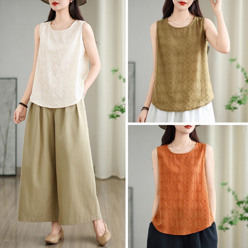 Летний женский sleeveless жилет из чистого хлопка с вышивкой