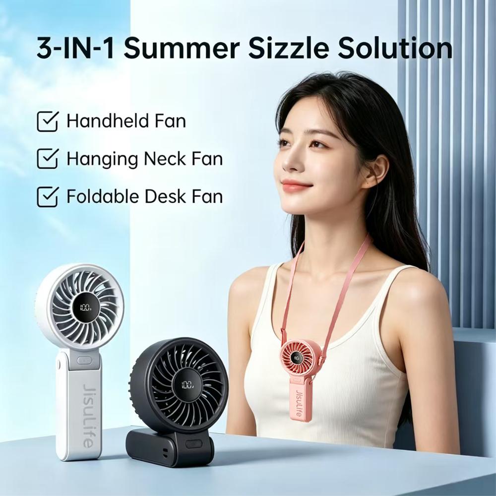 JISULIFE Portable Handheld Fan with LED Display 5 Speeds 5000mAh 150°Folded 3-IN-1 Hand/Desk/Neck Multifunction Personal Fan