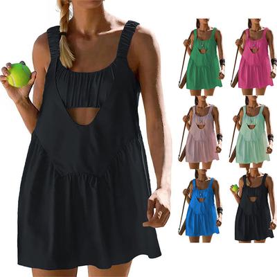 Женское теннисное платье со встроенным бюстгальтером и шортами с карманами и вырезами для тренировок Спортивные платья